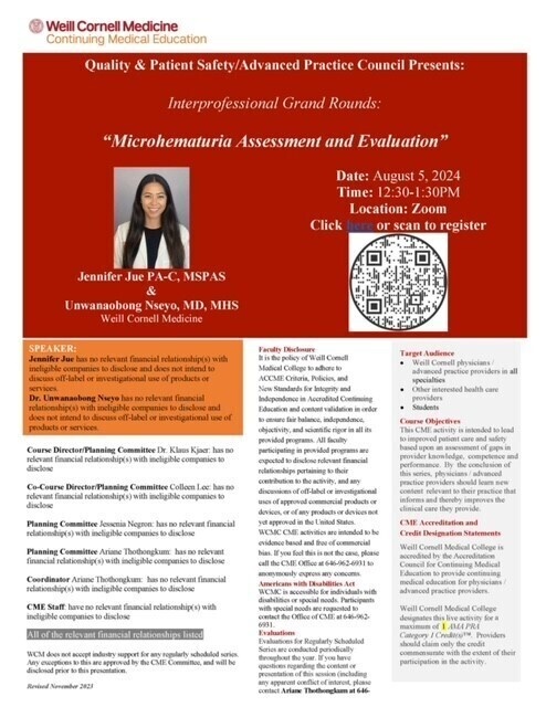 Grand Rounds flyer with headshot of Jennifer Jue and QR code