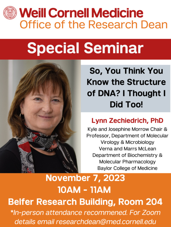 Special Seminar flyer with headshot of Lynn Zechiedrich