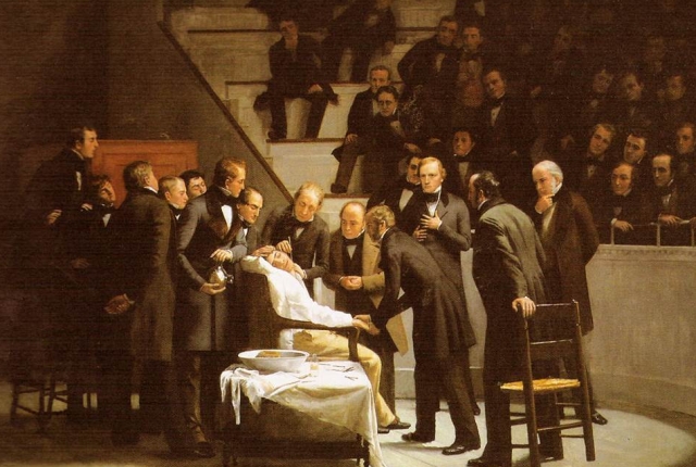 "The First Operation with Ether" painting by Robert Cutler Hinckley. Dozens of men look on as a patient is given ether at a public demonstration