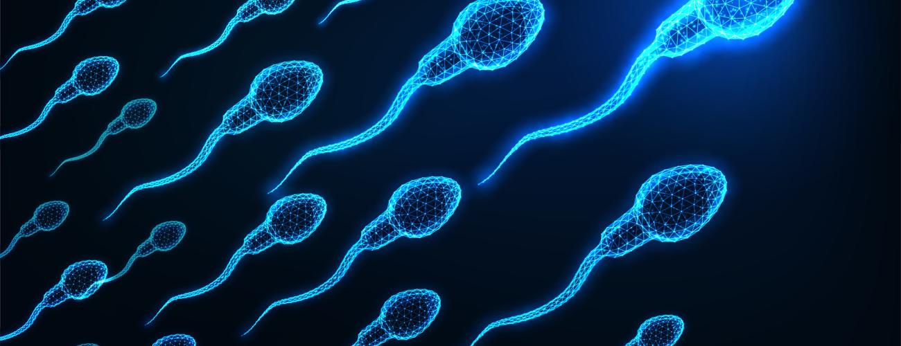Futuristic glowing low polygonal human sperm cells. Credit Deposit Photos