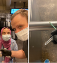 masked man and woman holding test tubes and subway turnstile being swabbed